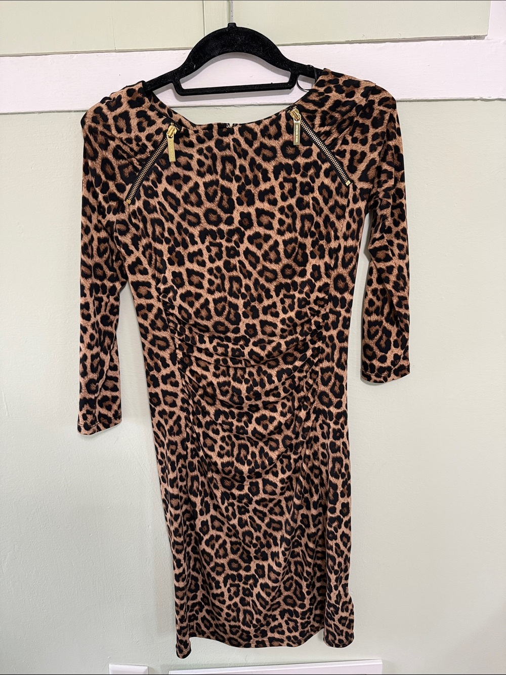 Michael Kors Leopard-Print Midi Dress in Brown and Black with Gold Zips
